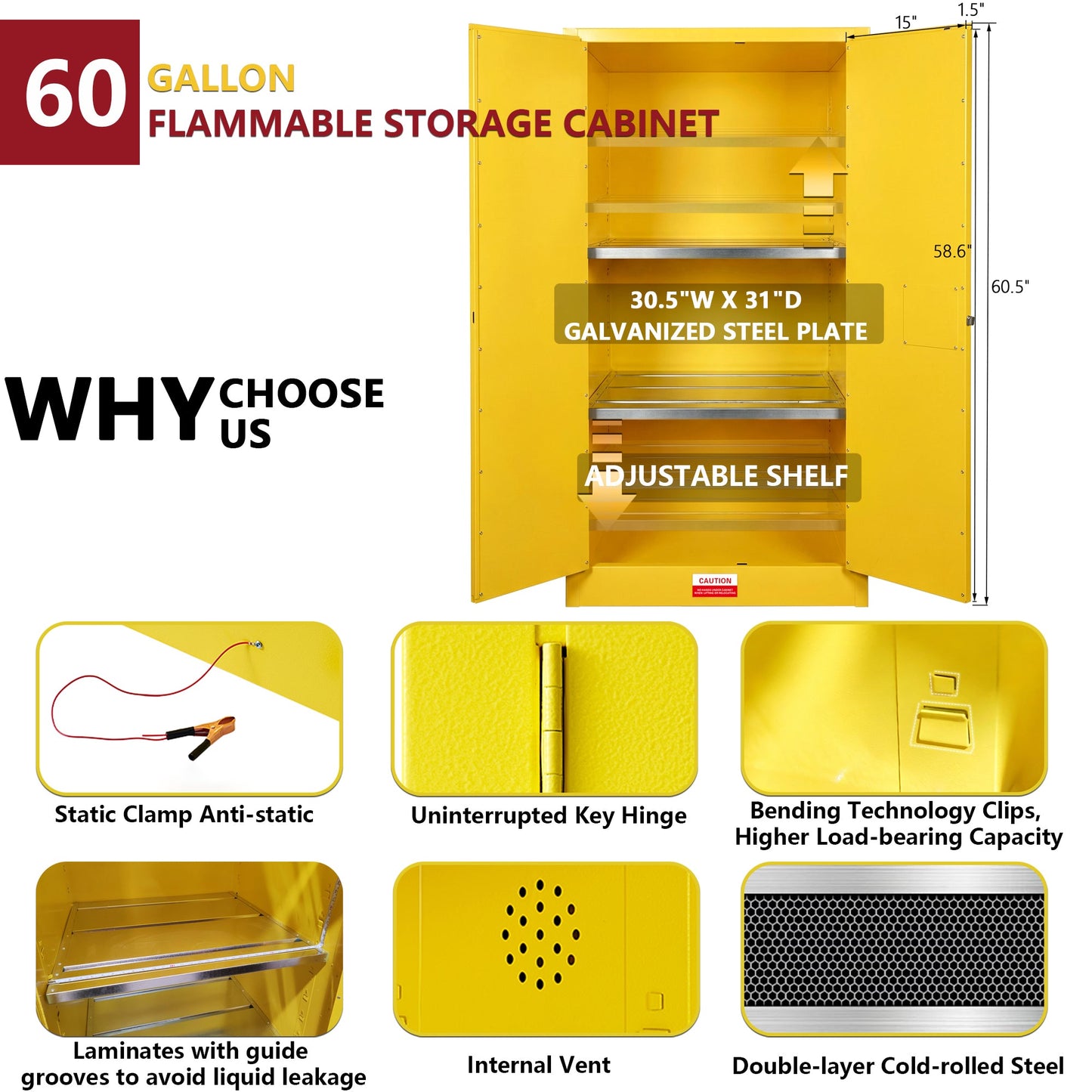 60 Gal Flammable Safety Cabinet, 34"W x 34"D x 65"H