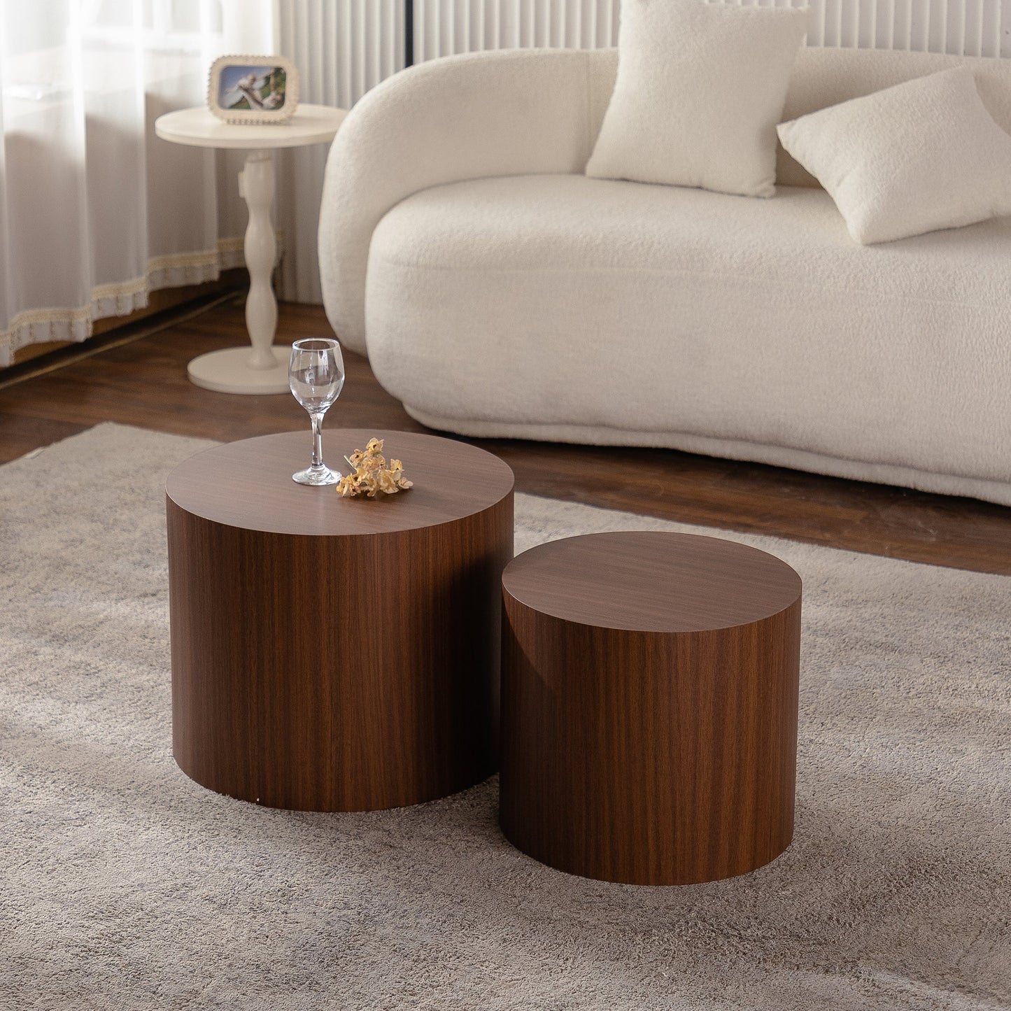 Nesting Coffee Table Set of 2 Round Wooden Tables