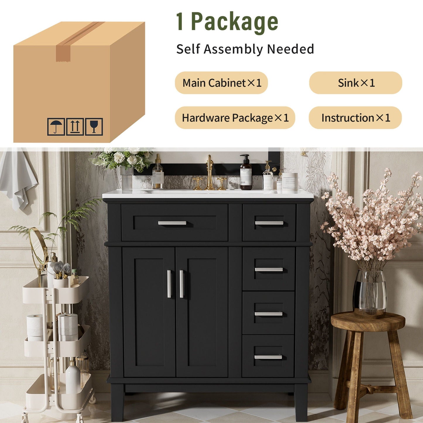 Modern Bathroom Vanity With Sink, Storage Cabinet, Soft Close Doors, Deep & Standard Drawers