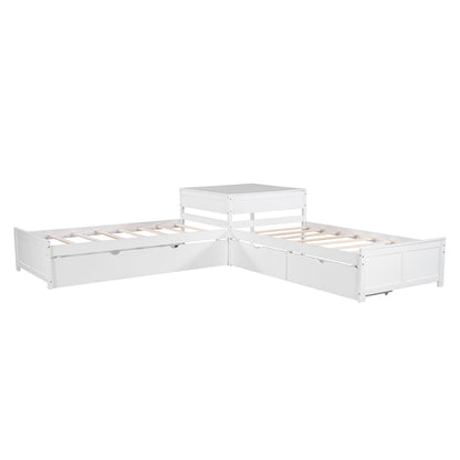 L Shaped Platform Bed With Trundle And Drawers Linked With Built In Desk