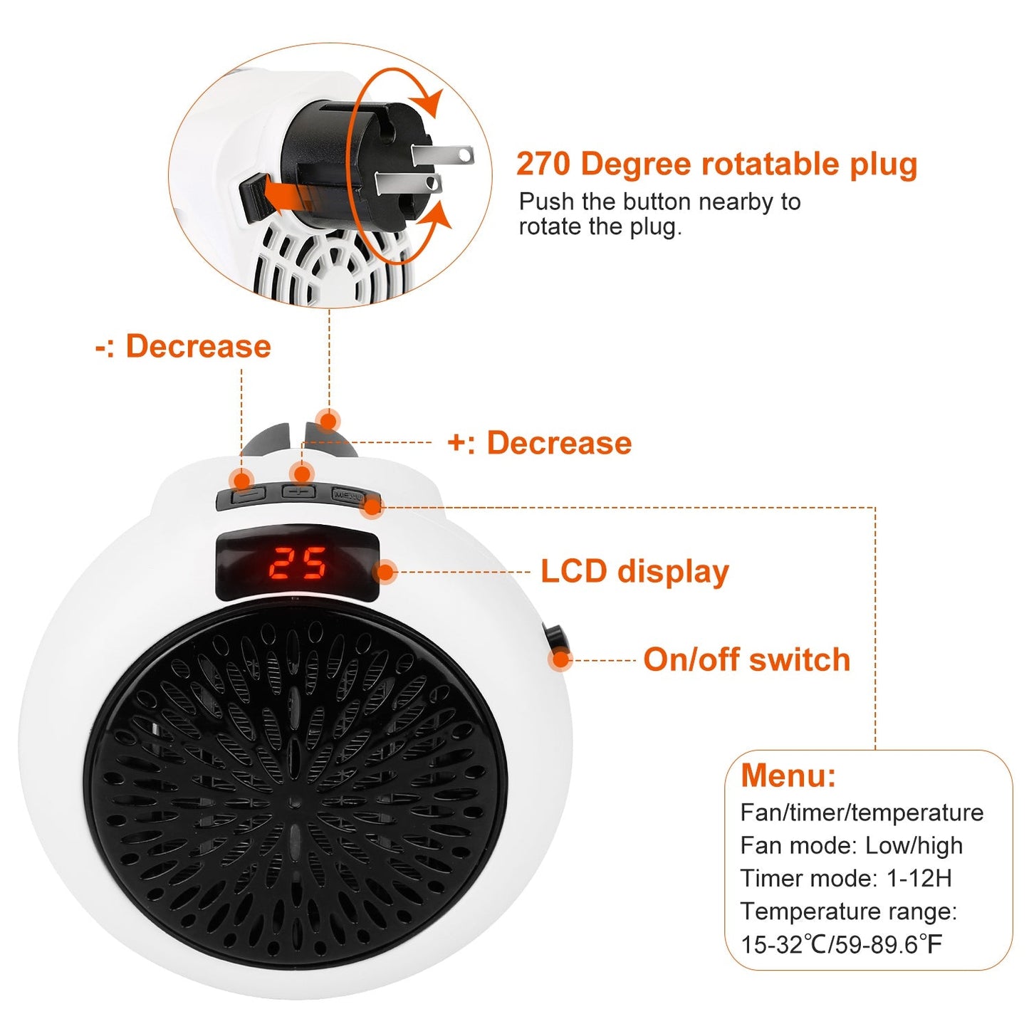 900W Portable Heater Fan Wall Outlet Space Heater Plug-in Heater Adjustable Temperature Auto Shut off w/Remote Control