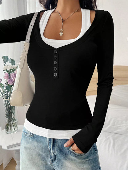 Scoop Neck Fake Two-Piece T-Shirt