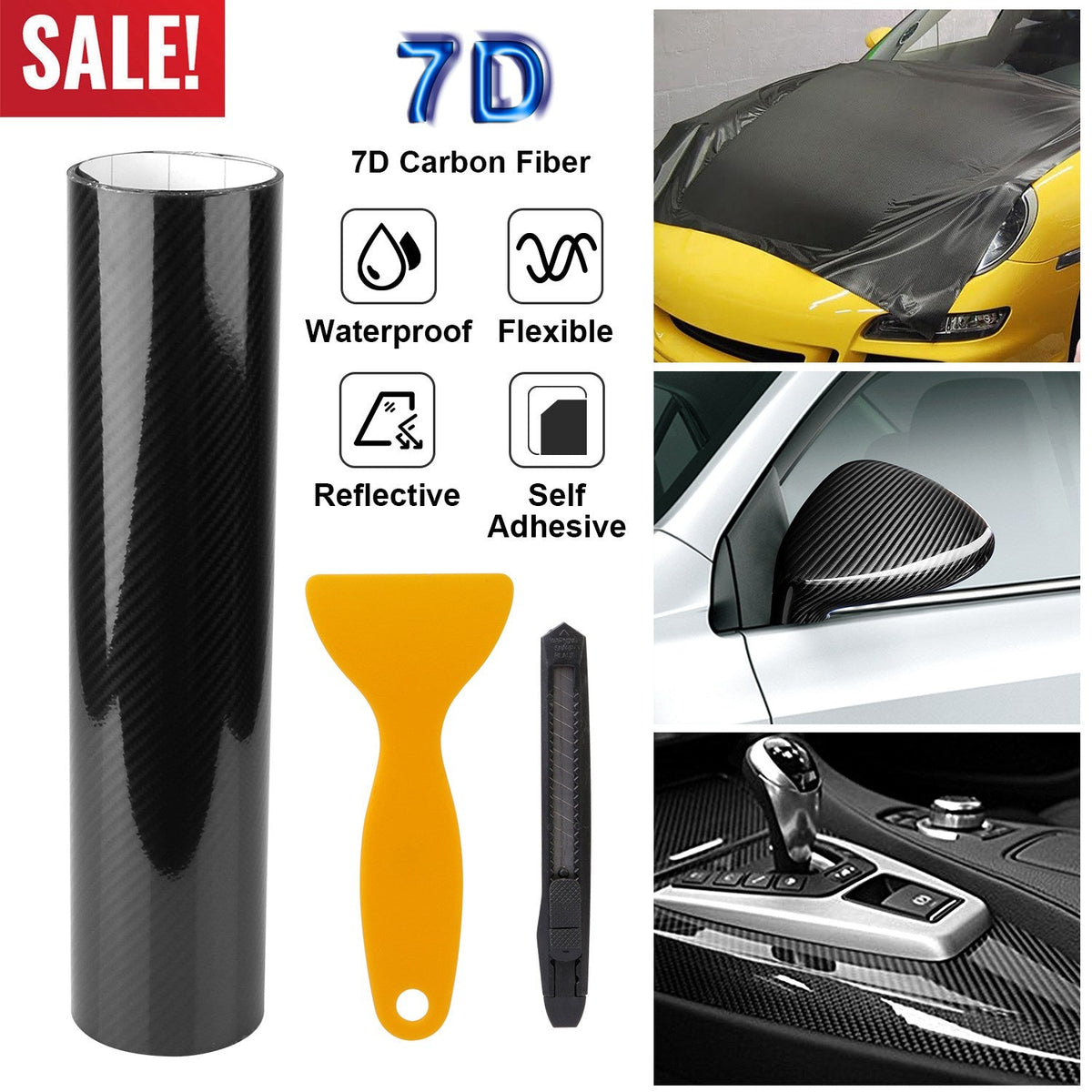 Black 7D Carbon Fiber Car Wrap High Gloss Vinyl Wrap Film Roll Bubble Free Air Release for Cars Laptops Phones