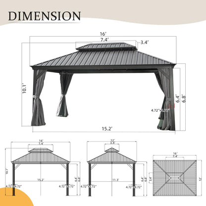 12' X 16' Hardtop Metal Gazebo with Double Roof Canopy