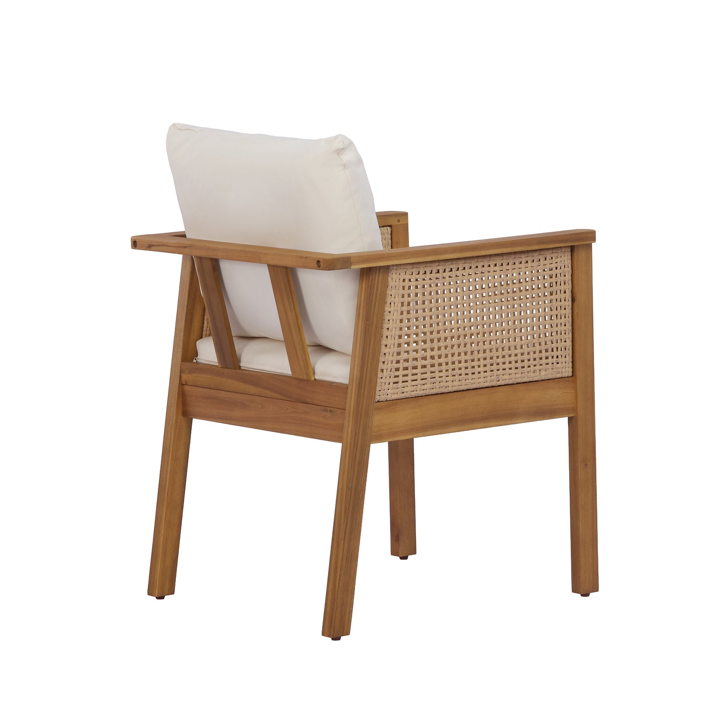 7 Pieces Acacia Wood Outdoor Dining Set with Cream Cushions and Natural Wicker