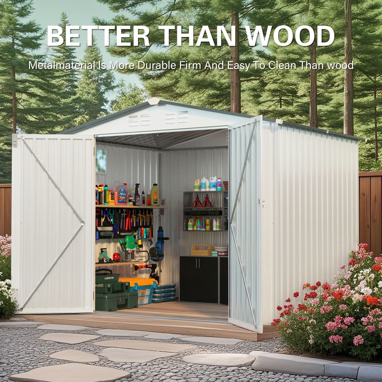 Outdoor Garden Storage Shed, Tool Shed With Pitched Roof Waterproof With 1 Window And 2 Lockable Door - White / Gray