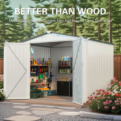 Outdoor Garden Storage Shed, Tool Shed With Pitched Roof Waterproof With 1 Window And 2 Lockable Door - White / Gray