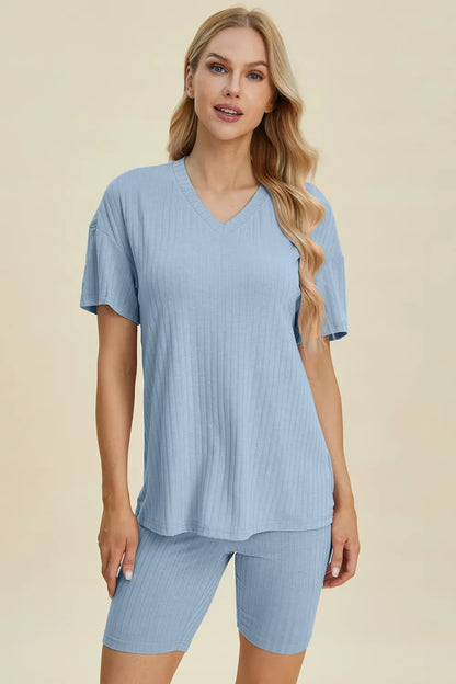 Plus Size Ribbed V-Neck Top & Shorts Set
