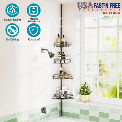 Rust-Resistant Corner Shower Caddy For Bathroom 4 Height Adjustable Shelves With Tension Pole Towel Bar Hanging Hook Floor Standing Bath Storage Rack