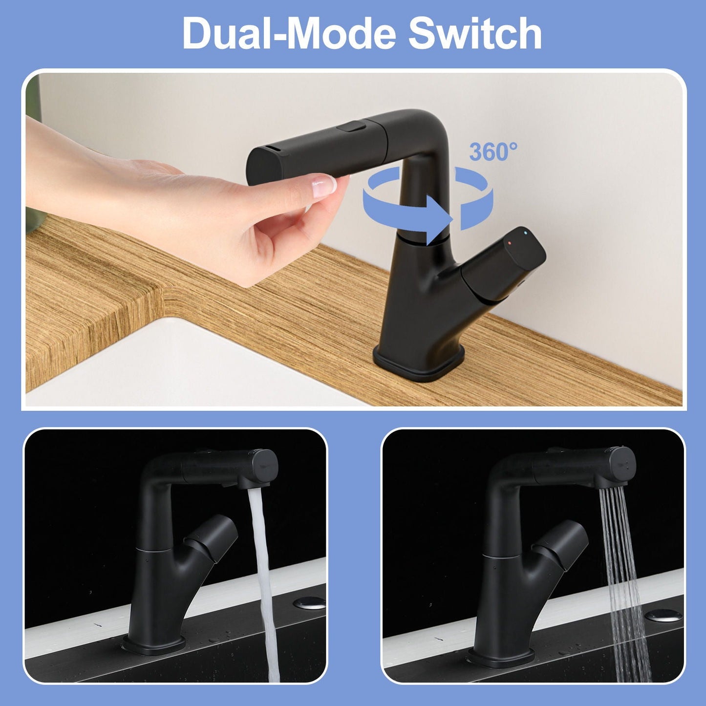 Pull Down Bathroom Sink Faucet With Three Water Modes And Construction - Matte Black