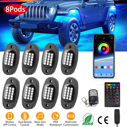 8 Pods RGB LED Rock LightsÊDC12V Car Neon Light Kit IP68 Waterproof Underglow Lights with Double Remote Controls Wireless APP ControlÊfor Jeep Truck U