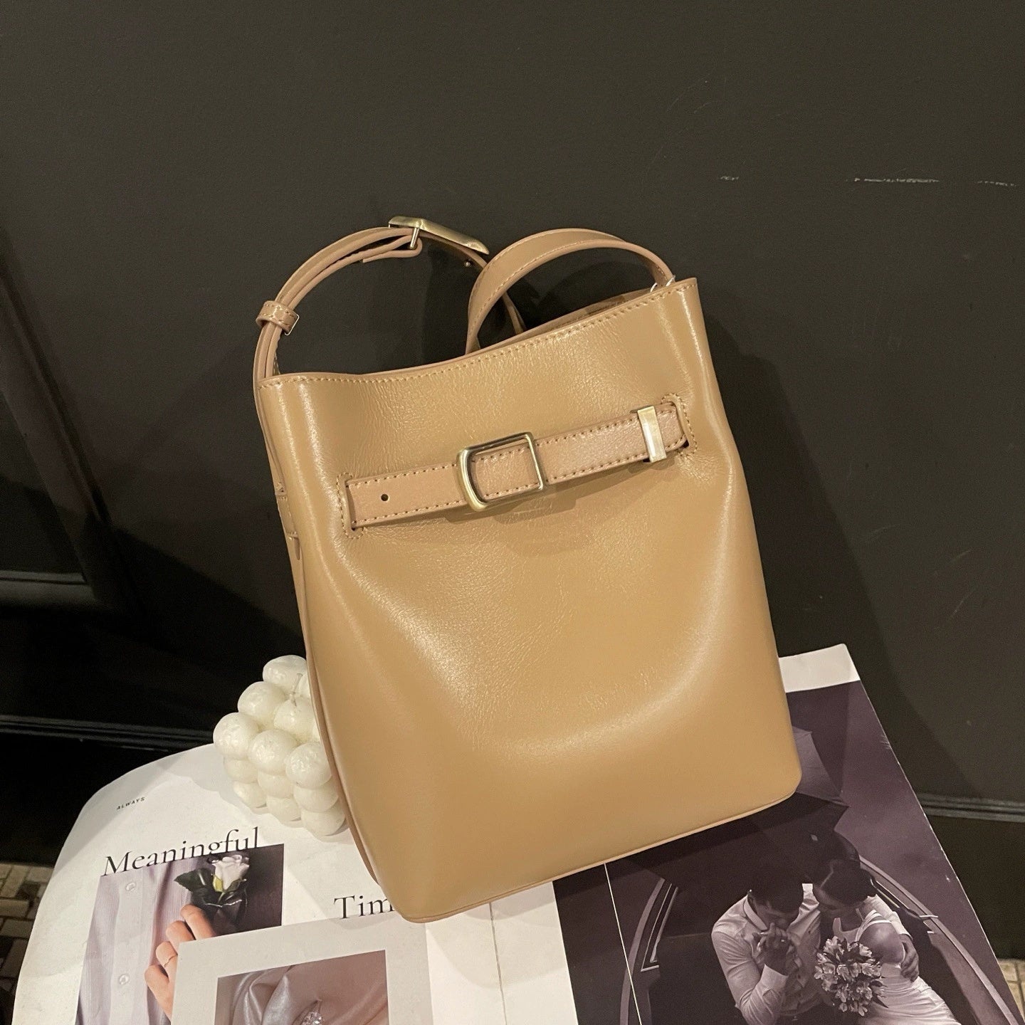 Vintage High-end Feel Bucket Bag, Genuine Leather Ladies' Shoulder Bag, Vintage Top-grain Cowhide Crossbody Bag For Women