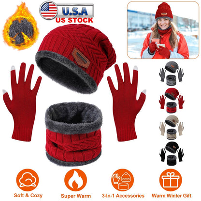 Winter Knitted Hat Scarf Gloves 3Pcs Winter Warm Beanie and Touch Screen Gloves Scarf Set Knit Beanie Skull Cap Neck Warmer Mittens for Men Women