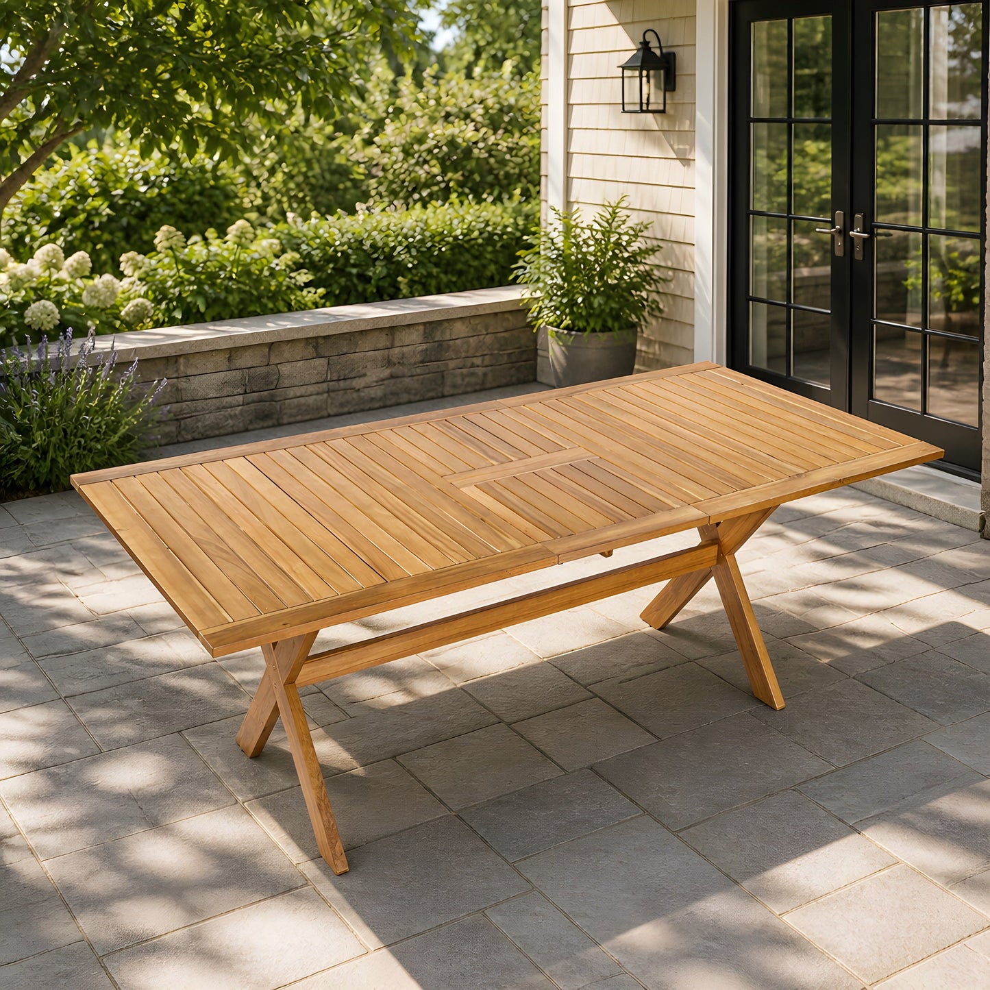 60-76" Acacia Wood Outdoor Dining Table, Telescopic, Teak Finish