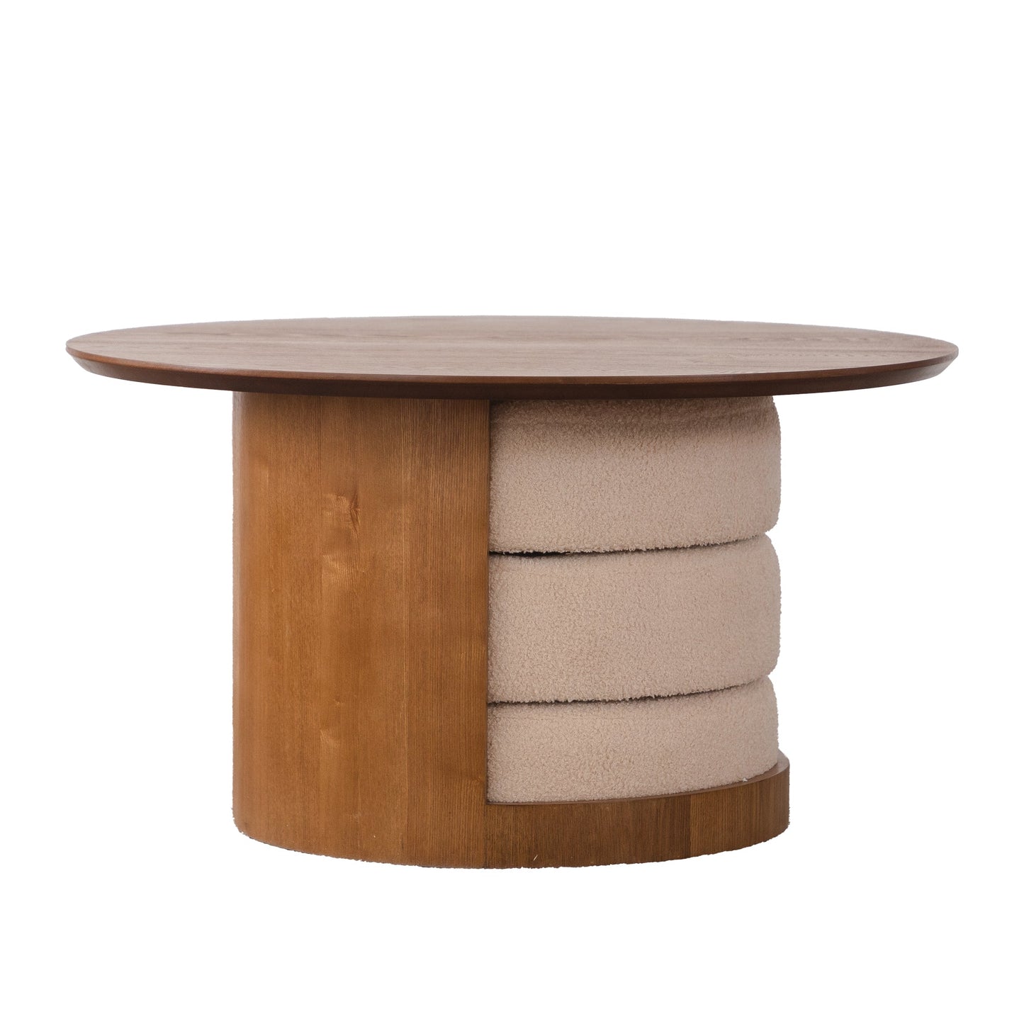 31.5" Round Wood Coffee Table with 3 Teddy Fabric Nesting Stools