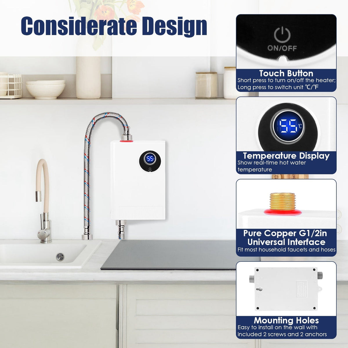 3000W Tankless Water Heater with Digital Display for Kitchen & Bathroom
