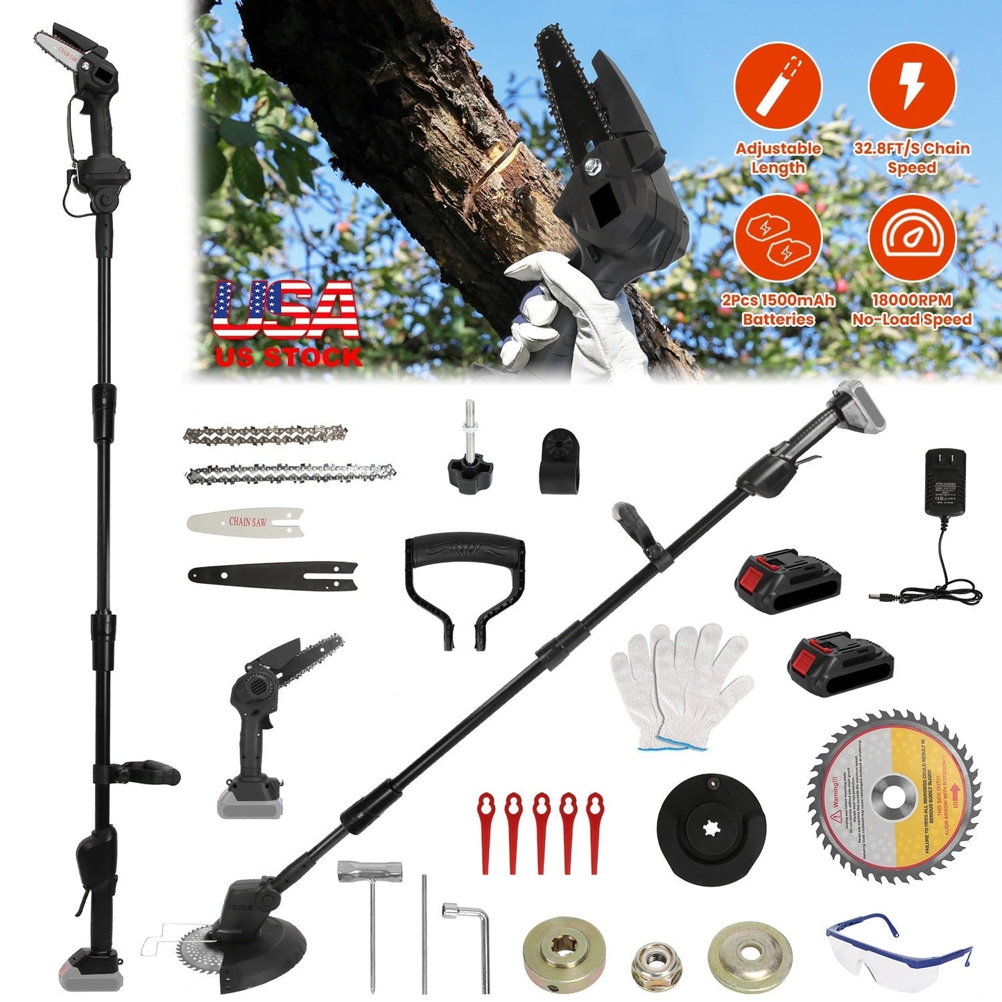 3-in-1 Cordless Electric Pole Saw & Mini Chainsaw & Grass Trimmer Kit with Adjustable Length 2Pcs 21V 1500mAh Batteries 4in/6in Chains Saw Blade 5Pcs