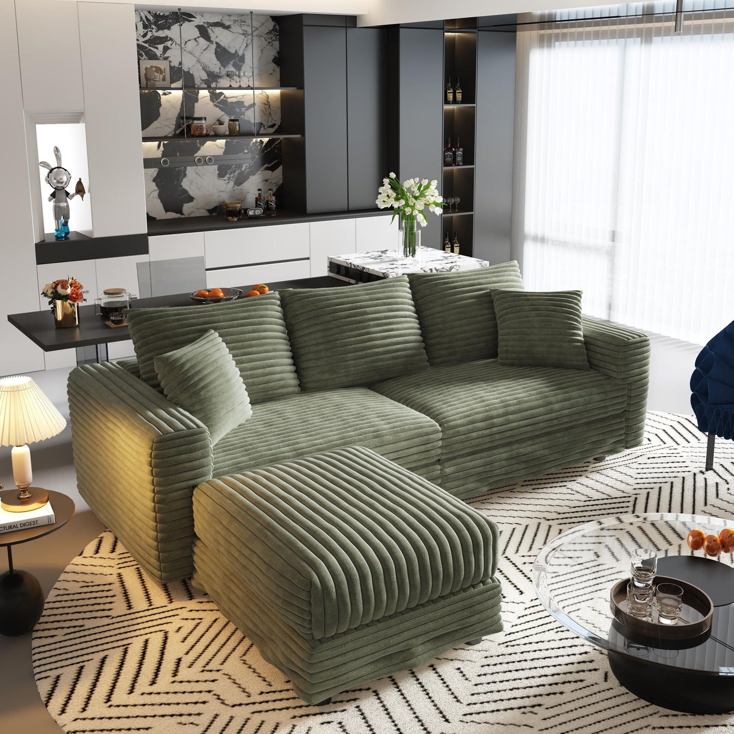 Convertible Deep Seat Sofa With Soft Pillows And Ottomans