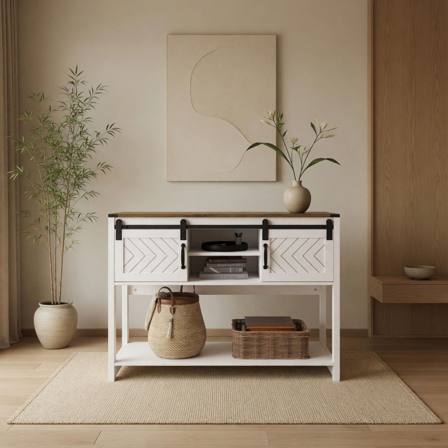 Entryway Table With Sliding Barn Door Storage - White / Oak