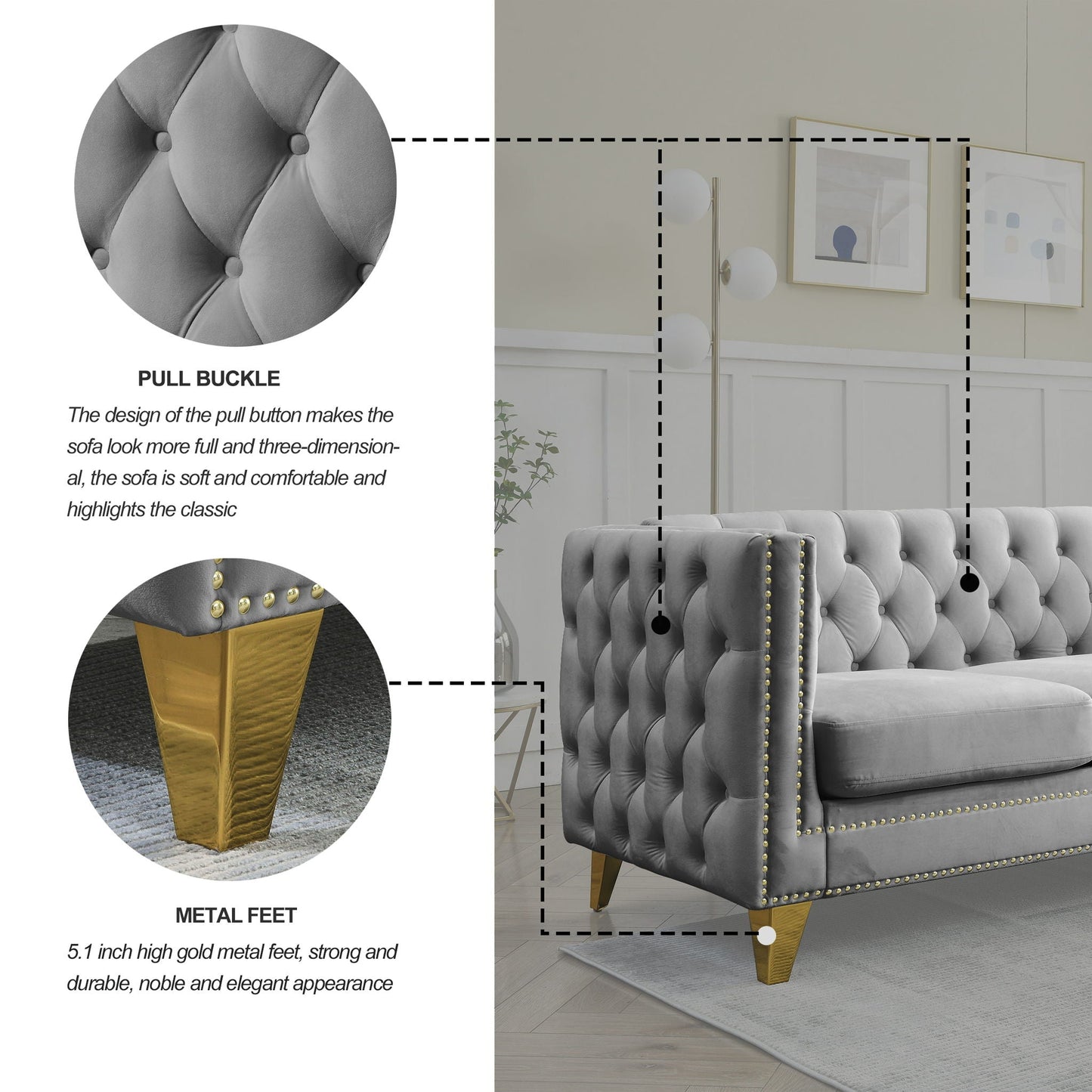 Upholstered Couch Sofa With Button Tufting For Living Room