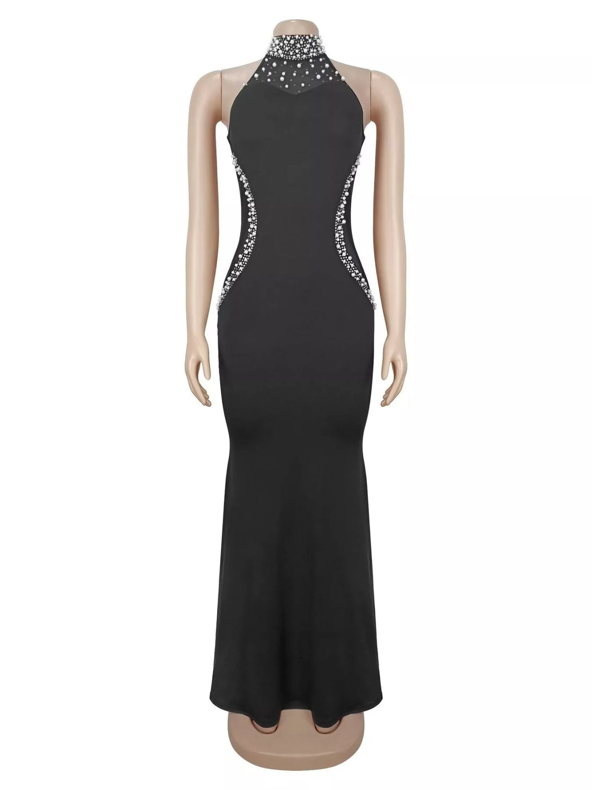 Pearl Detail Rhinestone Sleeveless Maxi Dress