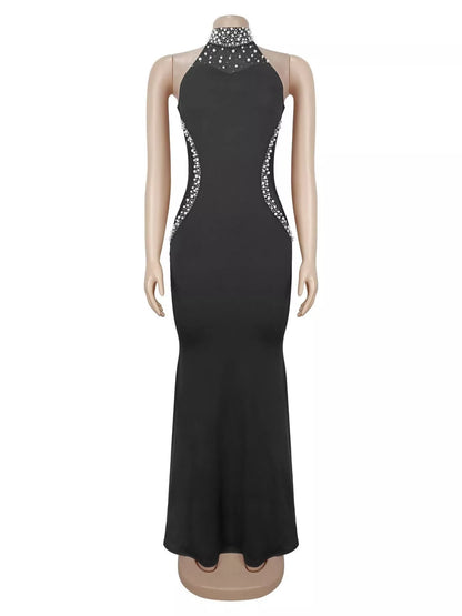 Pearl Detail Rhinestone Sleeveless Maxi Dress