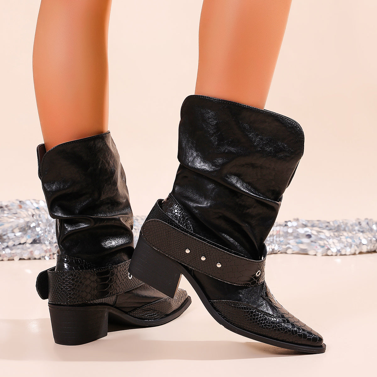 Women Stylish Ruched Western Cowboy Ankle Boots, 2026 Spring Summer Hit Style Black Slim Fit Pointed Toe Block Heel Knight Short Boots
