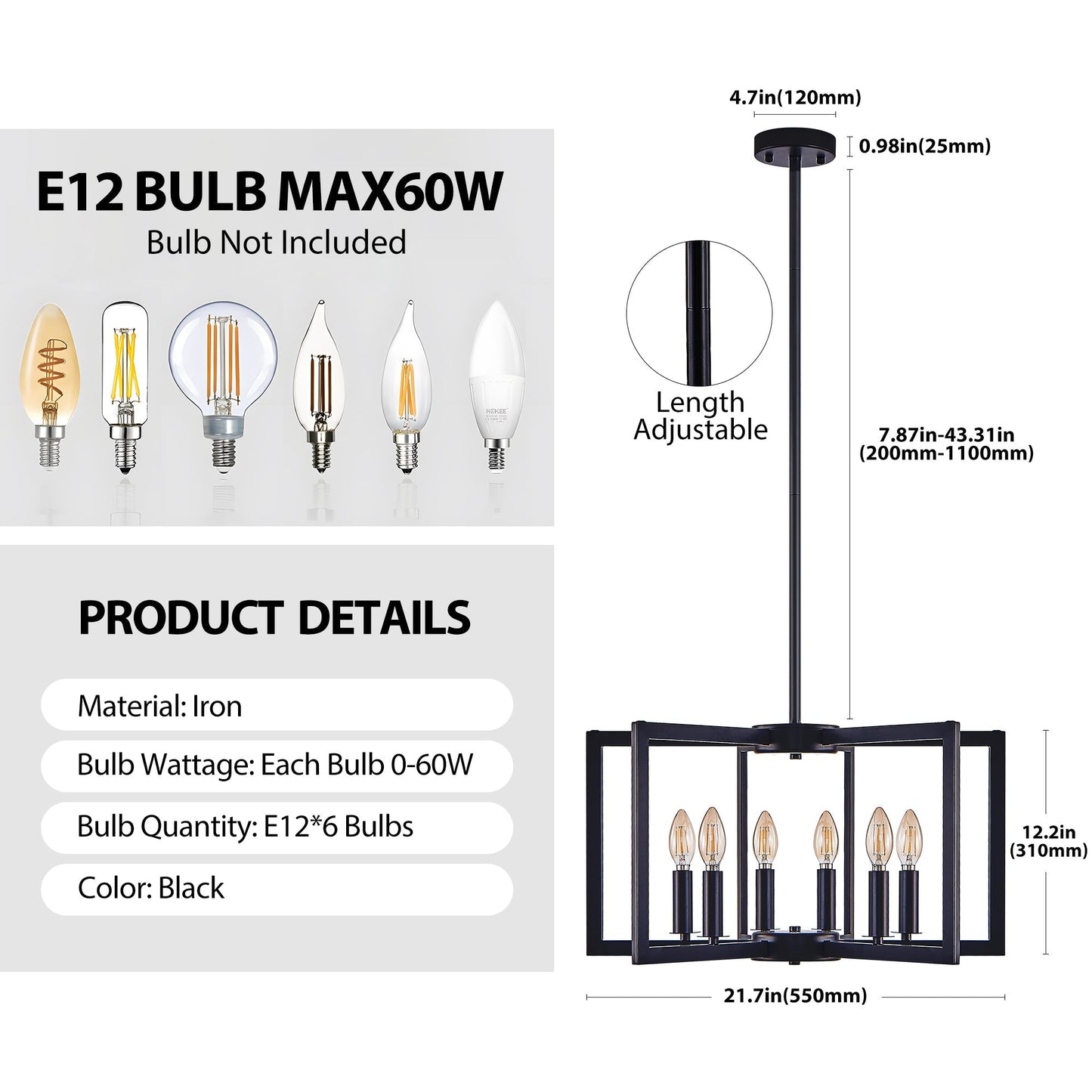 22' Modern Black Geometric 6-Light Chandelier – Industrial Metal Pendant Light Fixture for Living Room, Dining Room, or Kitchen (Bulb Not Included)