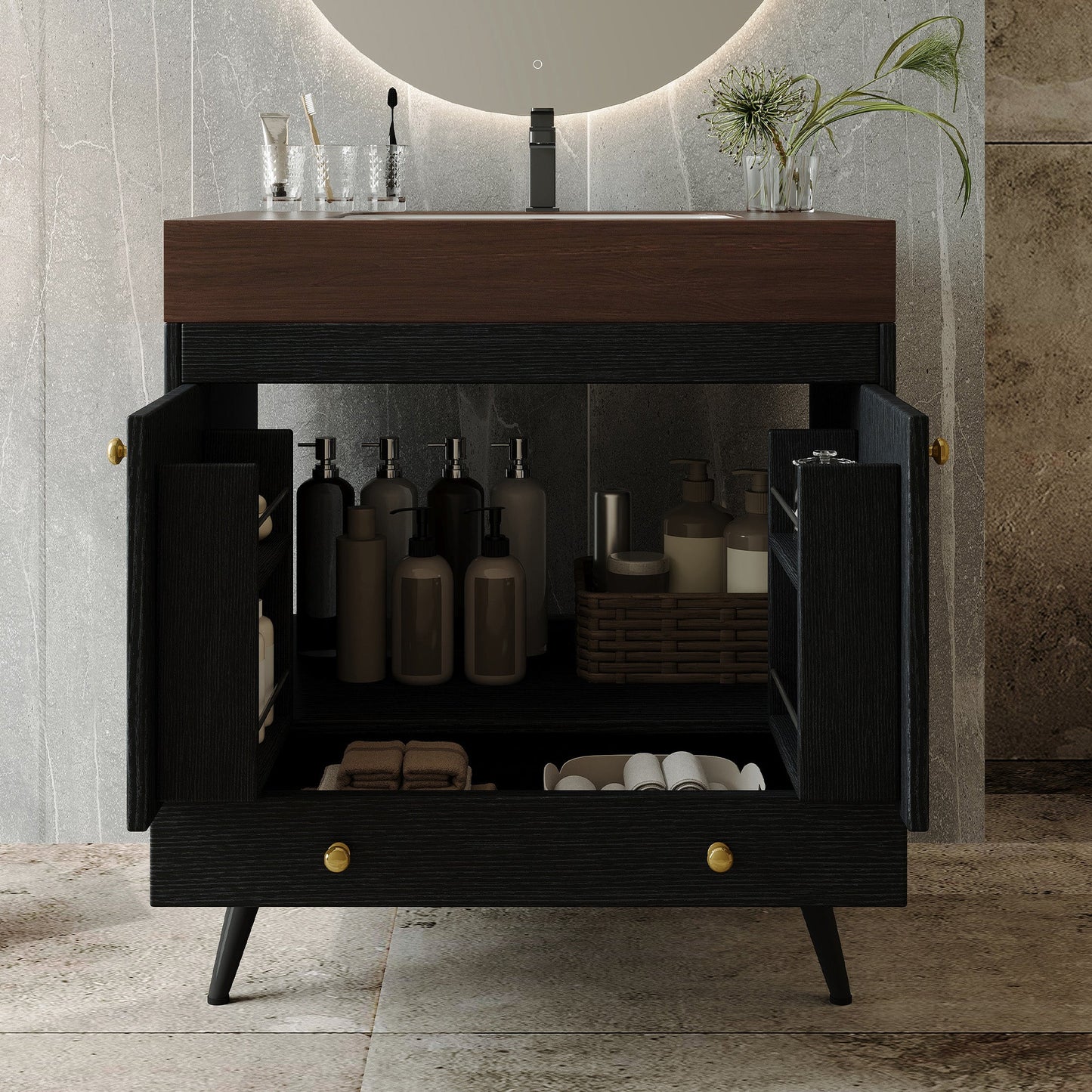 Contemporary Free-standing Bathroom Vanity with Faux Marble Top & Ceramic Sink
