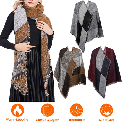 Women Winter Warm Scarf 74.8x25.6In Long Soft Knitted Shawl Extra Thick Plaid Blanket Wrap Cape