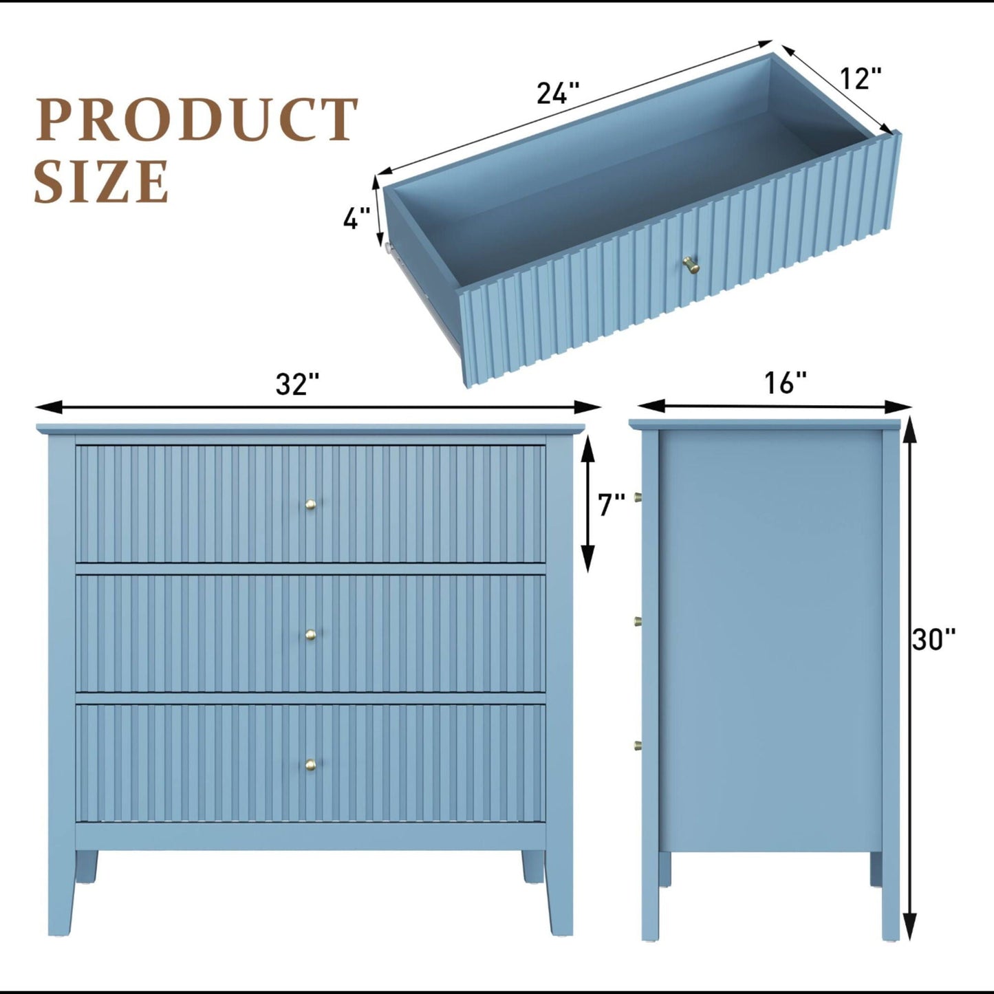 Fluted 3 Drawer Nightstand With Soft Close Slides
