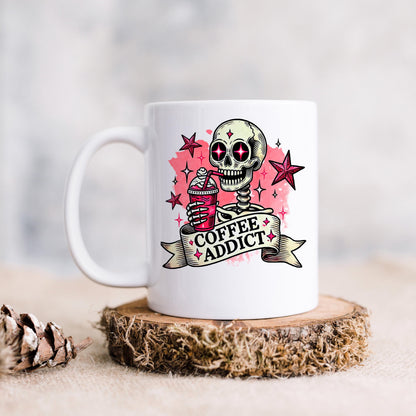 Coffee Addict Mug – Pink Skull Coffee Cup | Funny Caffeine Lover Gift, Ceramic, Dishwasher Safe