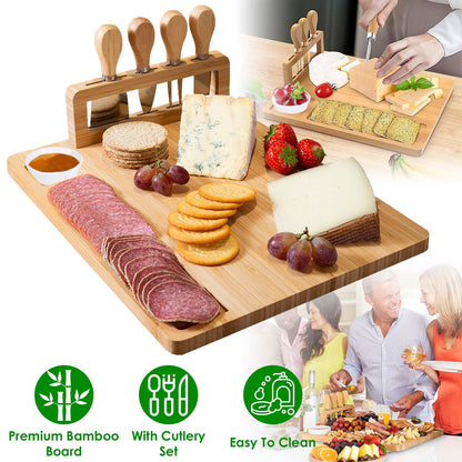 Bamboo Cheese Board Charcuterie Cheese Platter Board Serving Tray with Cutlery Set for Wedding Birthdays Christmas