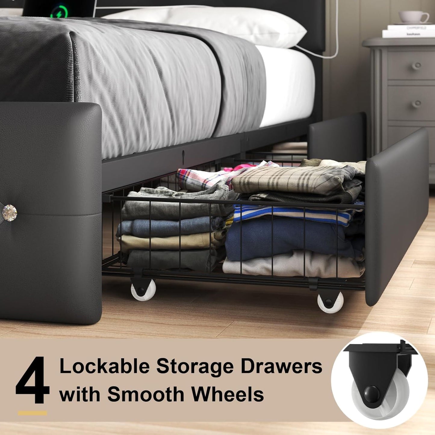 Upholstered Bed Frame With LED Lights, 4 Storage Drawers, Charging Station