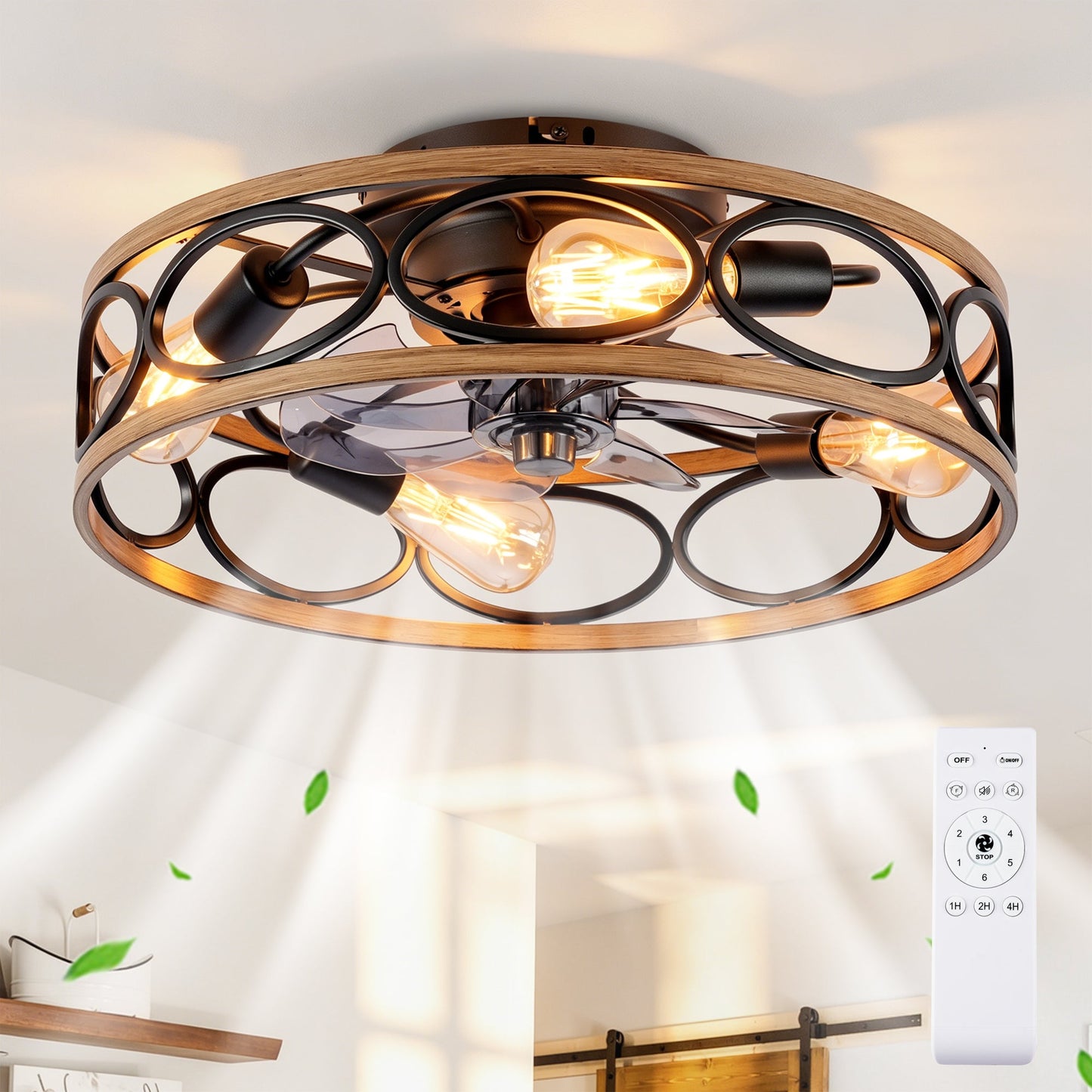 19-Inch 7-Blade Caged Flush Mount Ceiling Fan with Remote Control