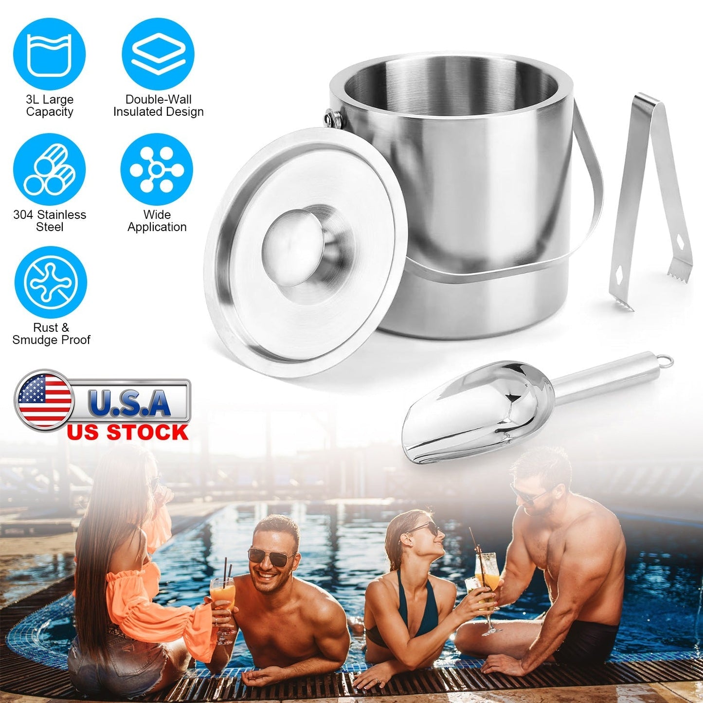 Double-Wall Stainless Steel Insulated Ice Bucket 3L Ice Holder Ice Container with Lid Scoop Strainer Handle for Wine Champagne Beer Parties Cocktails