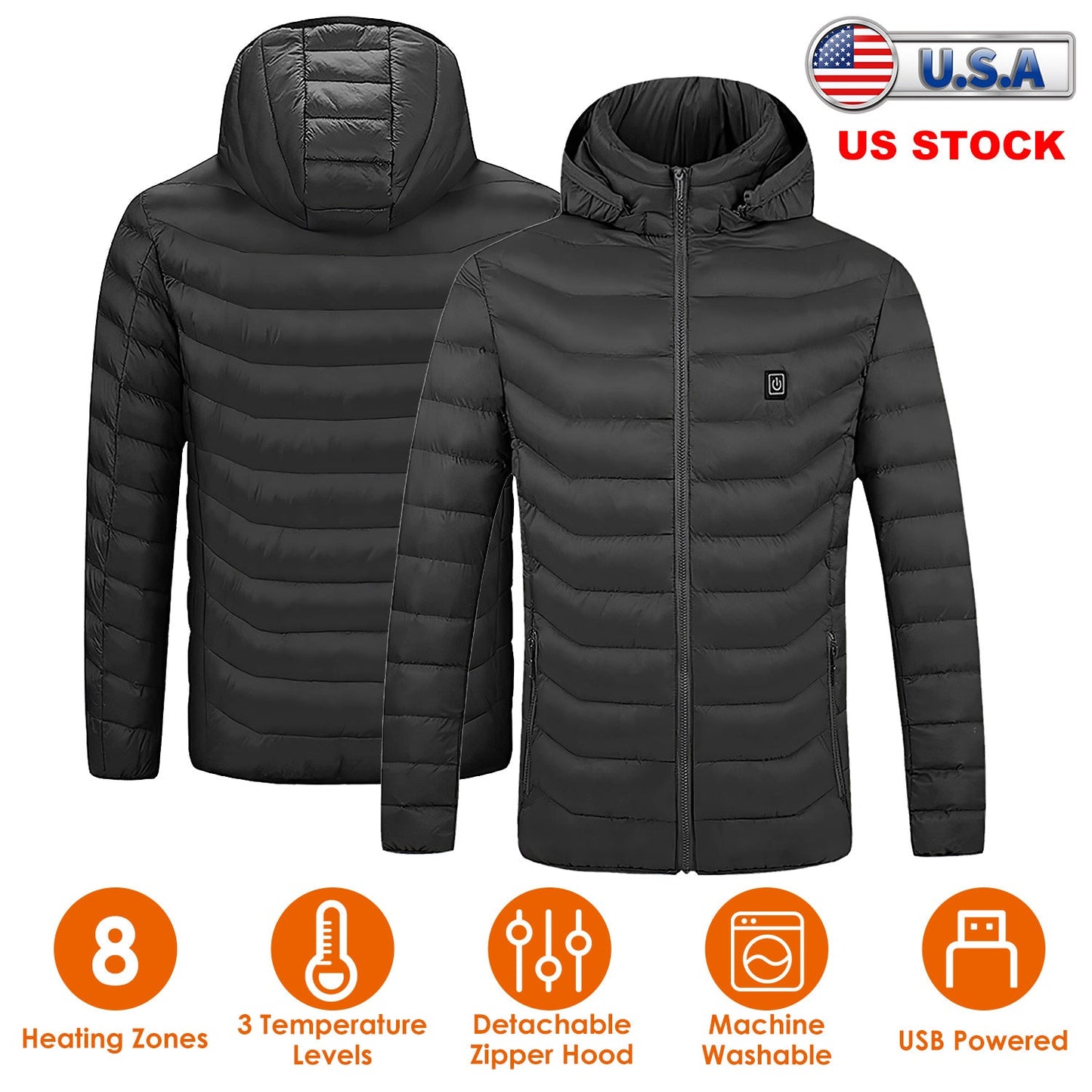 Heated Jacket with 8 Heating Zones & Detachable Hood