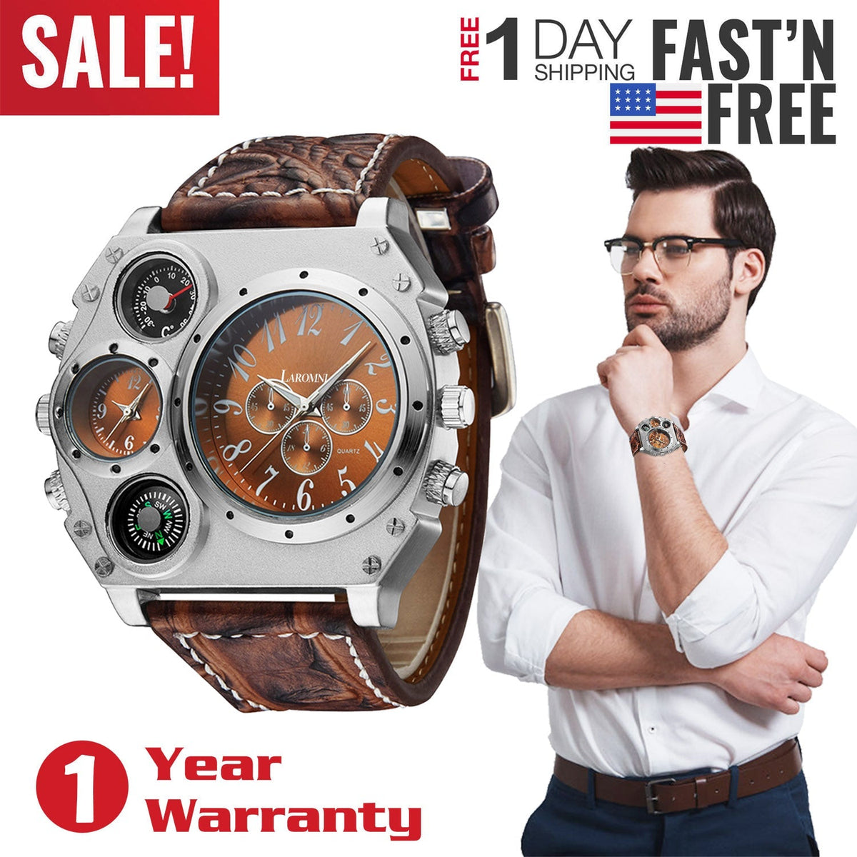 MenÕs Quartz Watch Two Time Zone Big Face Military Style Compass Thermometer Decorative Dial PU Leather Strap