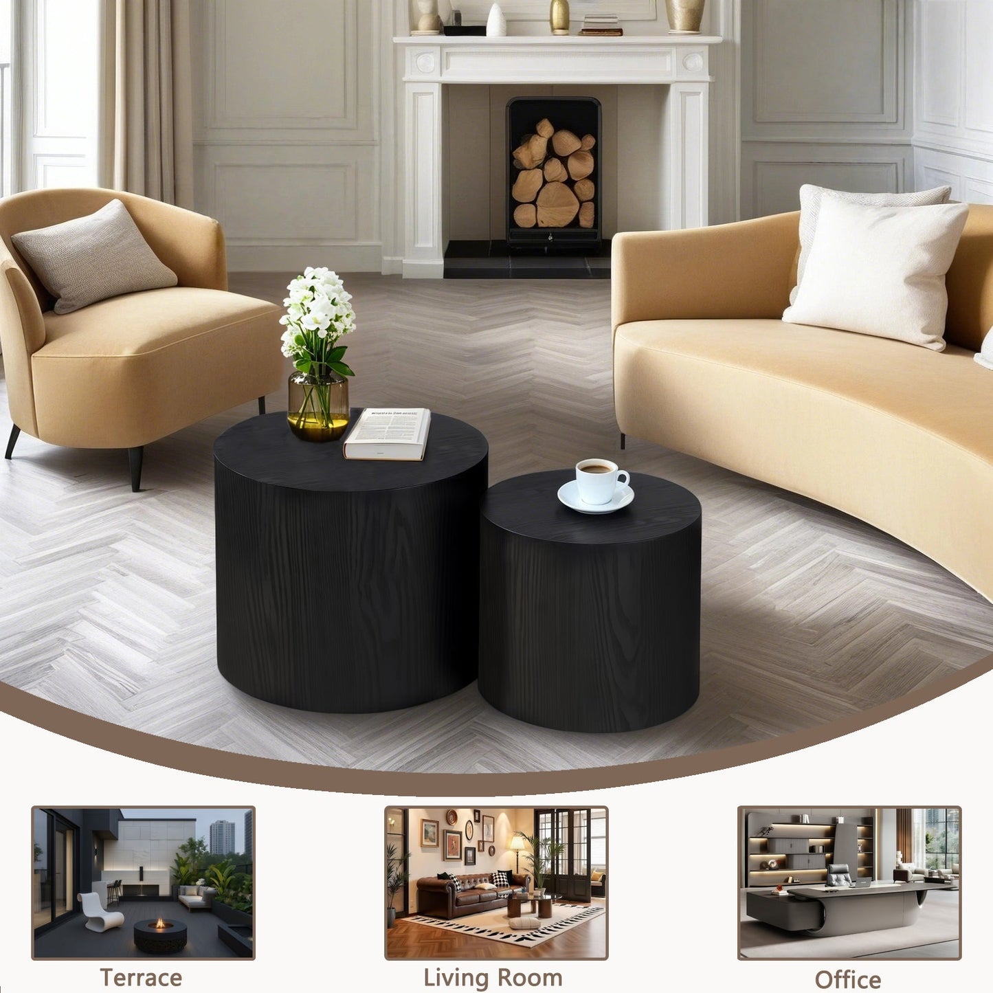 Nesting Coffee Table Set of 2, Modern Round Wood Side Tables