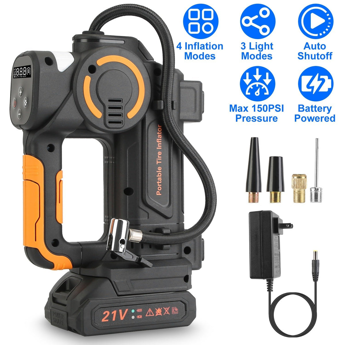 140W 150PSI 21V Battery Powered Tire Inflator Cordless Air Pump  Digital Air Compressor with LED Light for Cars Motorcycles Bicycles Balls