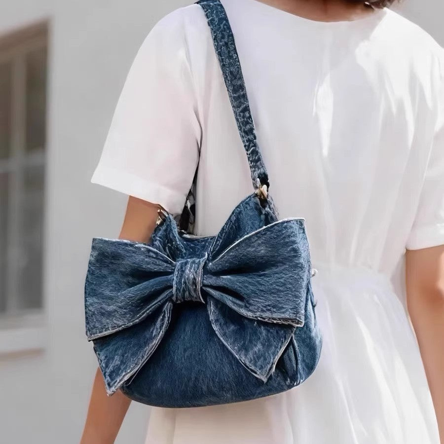 Large-Capacity Denim Crossbody Bag With Bow