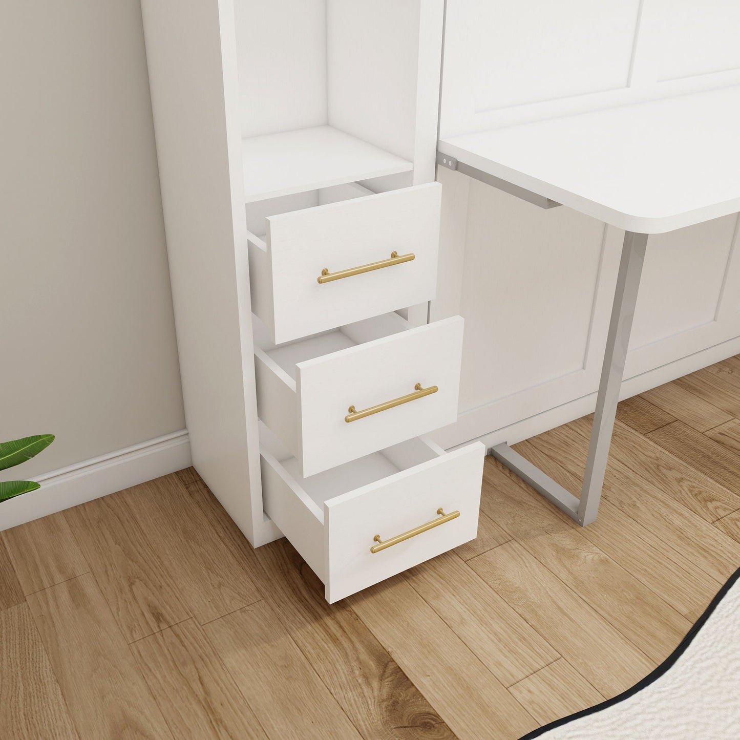 Queen Size Murphy Wall Bed With Side Storage Cabinets - White