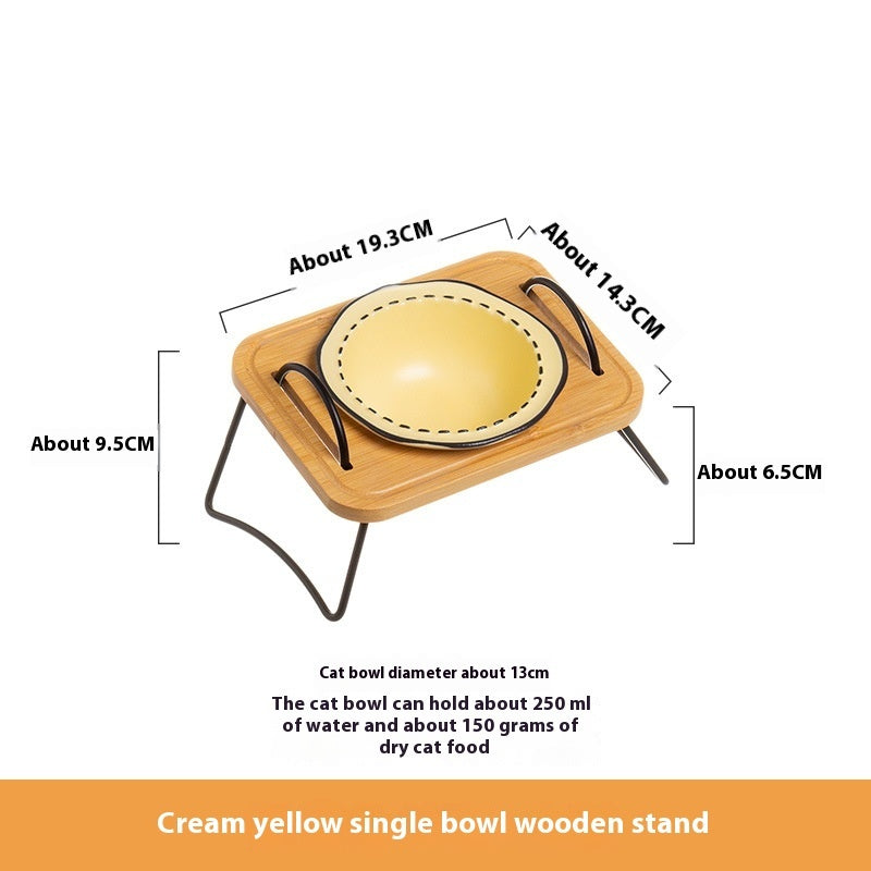 Pet Wooden Rack Multi-functional Ceramic Cat Bowl Anti-tumble Water Feeding Oblique Mouth Easy To Clean