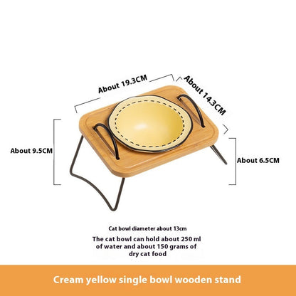 Pet Wooden Rack Multi-functional Ceramic Cat Bowl Anti-tumble Water Feeding Oblique Mouth Easy To Clean