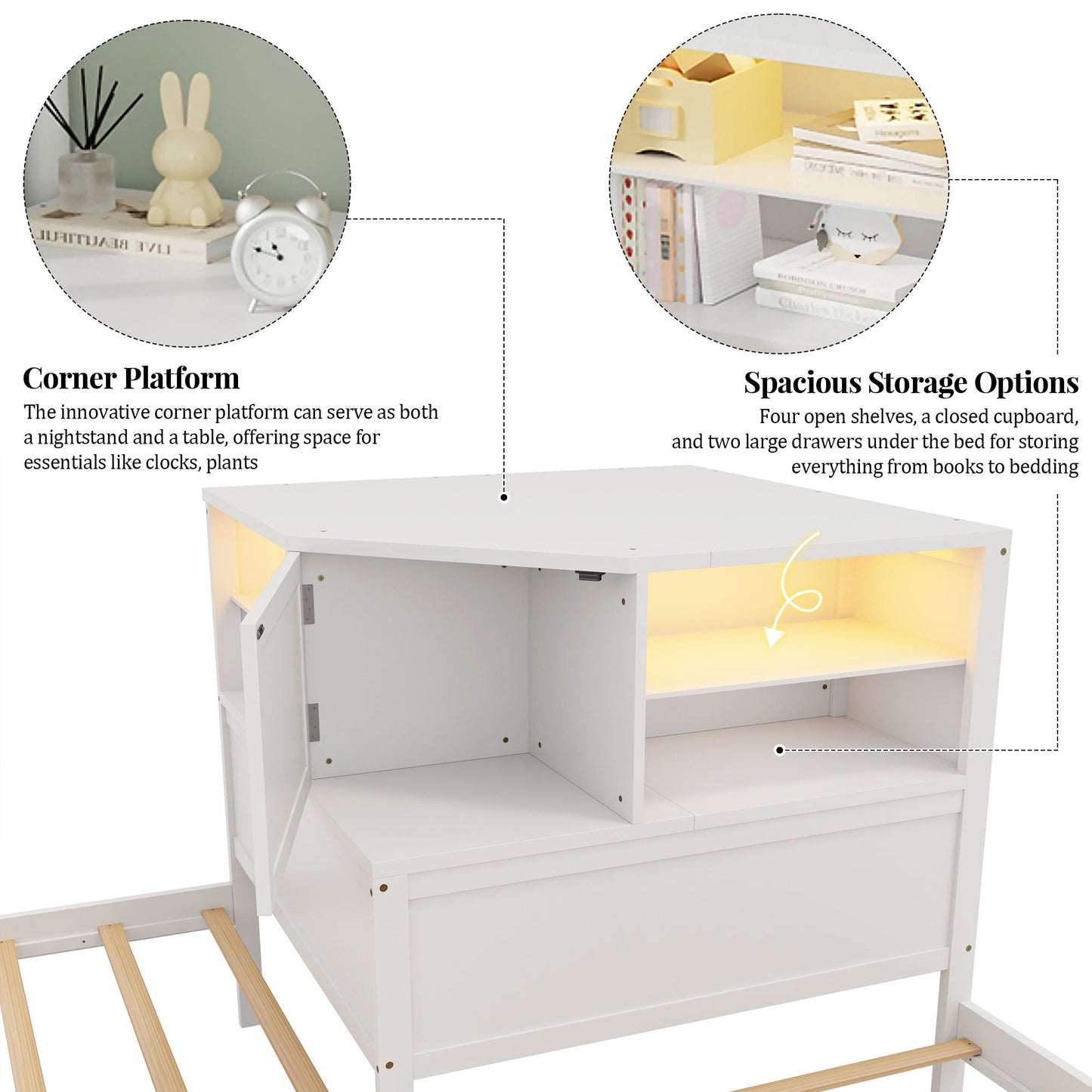 L-Shaped Bed Frame With Trundle, Built In Desk & LED Lighting