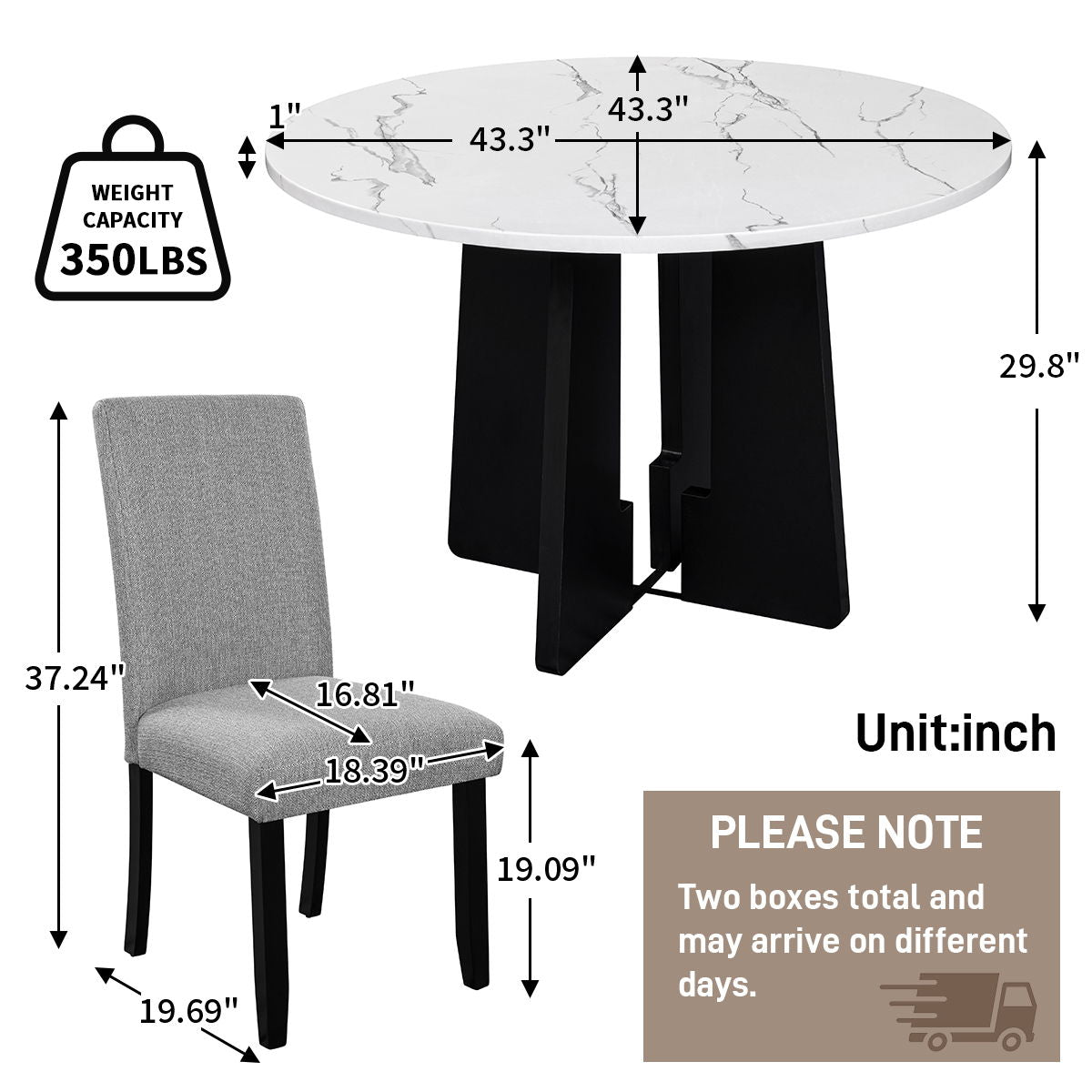5 Piece Round Dining Table Set, Dining Table And 4 Upholstered Chairs For Dining Room, Kitchen Room, Living Room - White / Gray