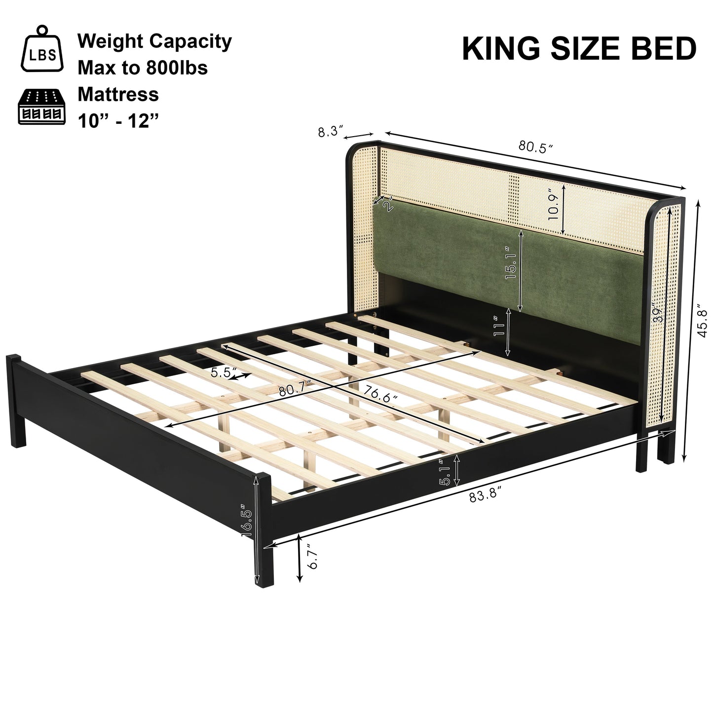 King Size Bed Frame with Black Frame and Green Upholstered Headboard