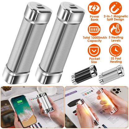 2 Packs 10000mAh Split-Magnetic Handwarmers 2 in 1 Portable Electric Pocket Heater Power Bank Portable Charger with 3 Heating Levels  for Camping Hunt