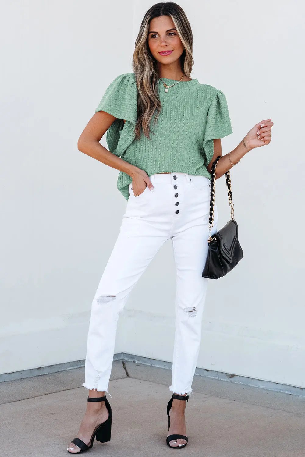 Accessories Love Salve Green Textured Top Women's Daily Wear Flutter Sleeve Blouse - Summer Ready