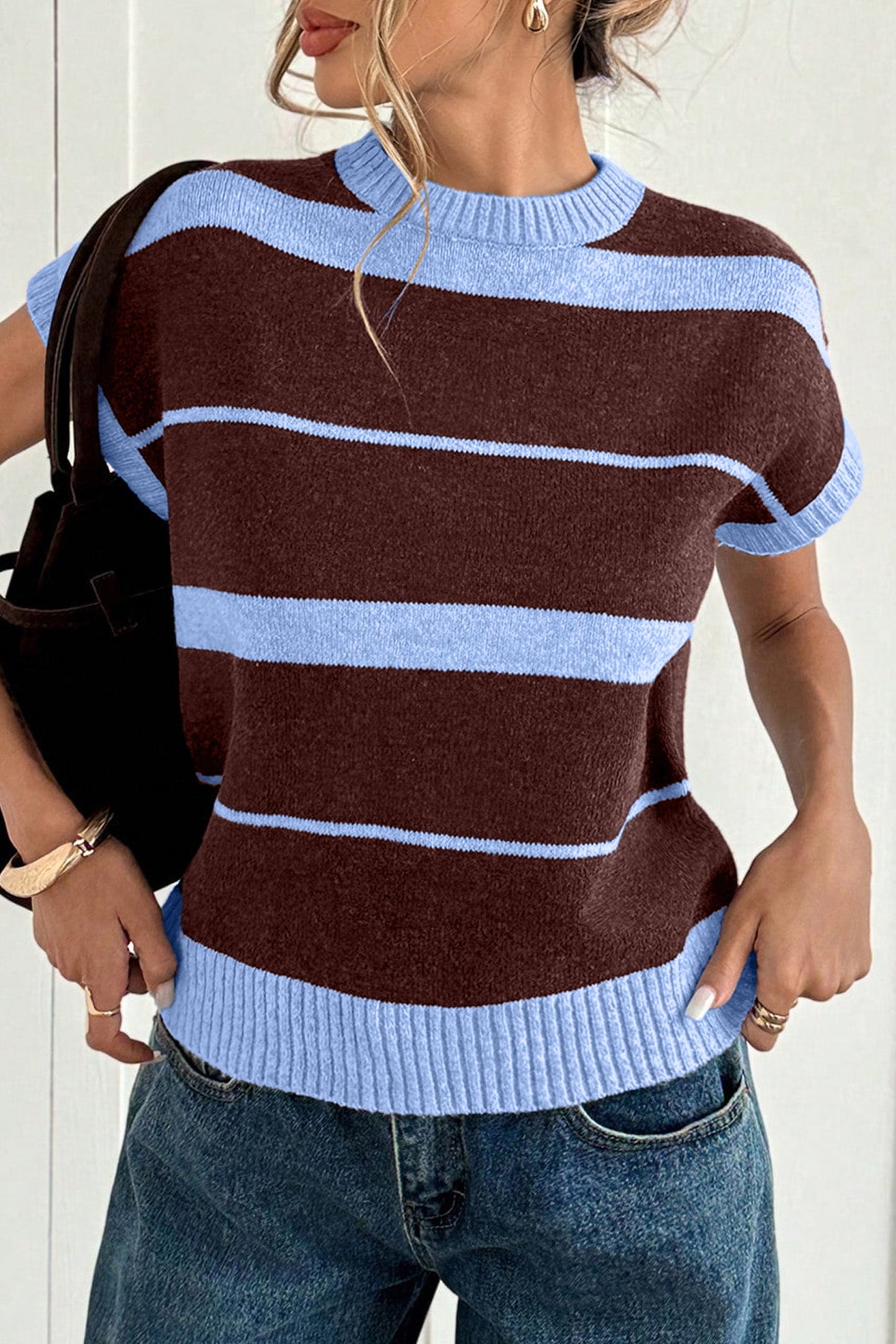 Sky Blue Stripe Striped Short Sleeve Round Neck Casual Knit Top